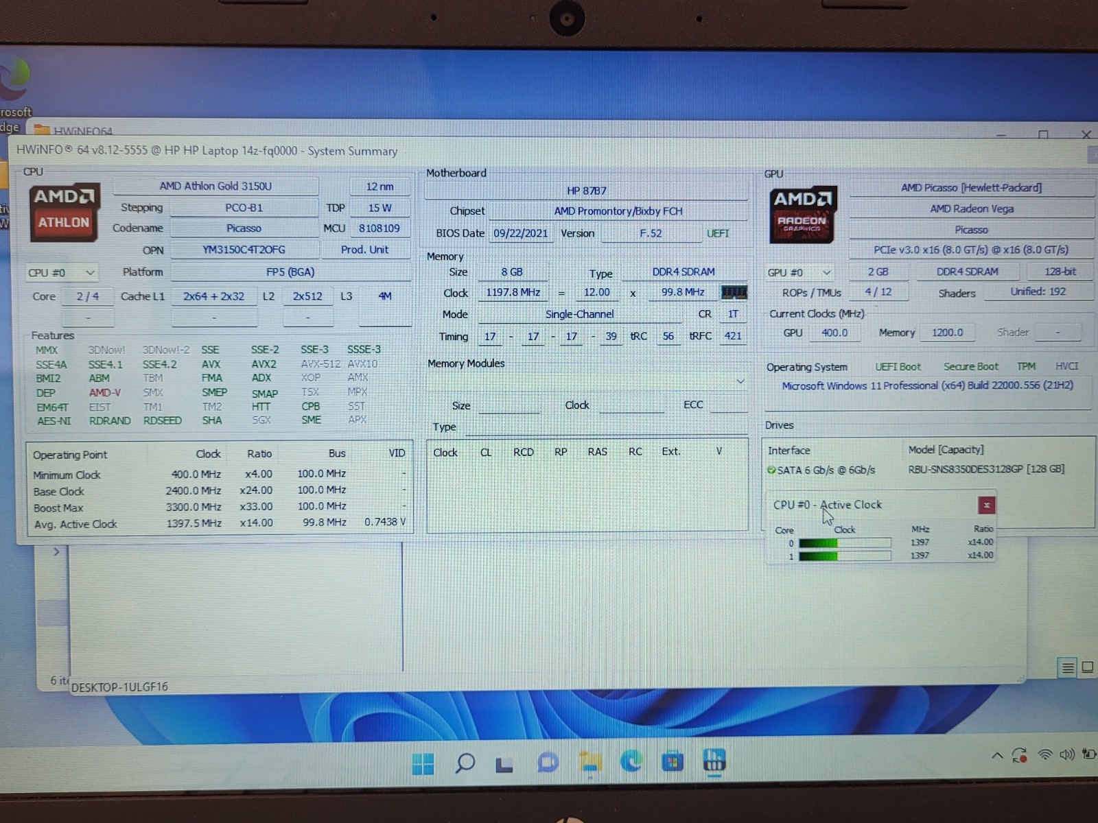 HP Laptop 14z-fq0000 Amd Athlon Gold 3150u 2.4ghz 8gb ram 128gb ssd 5CD0454W4R
