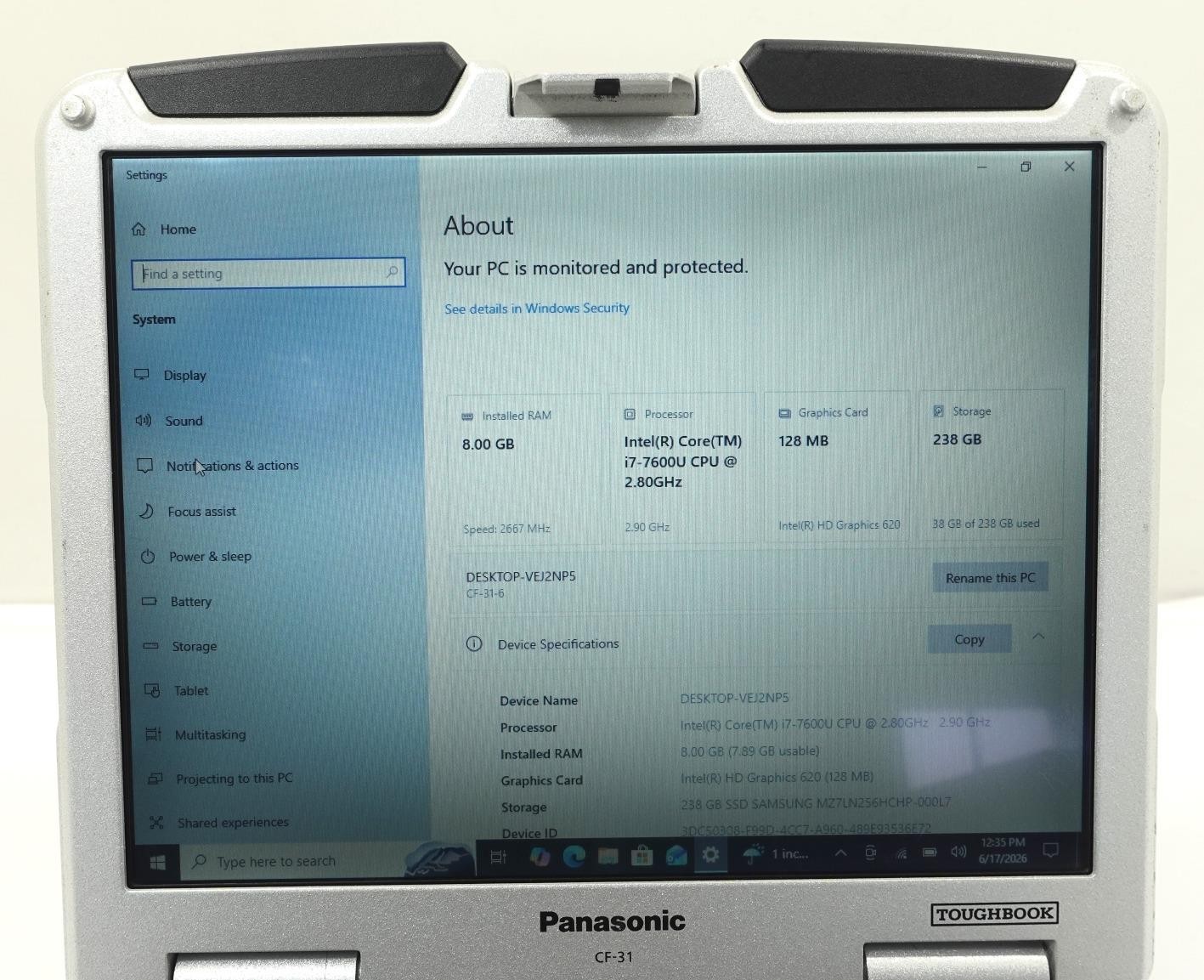 Panasonic Toughbook CF-31 Core i7-7600U 2.8GHz 8GB 256GB SSD