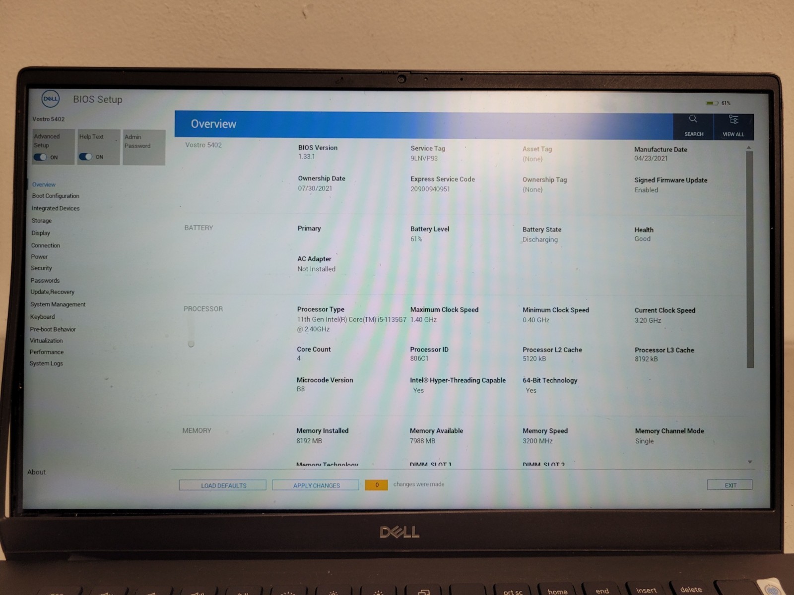 Dell vostro 5402 14″ i5-1135G7 2.4ghz 8gb ram no ssd*for parts READ 9LNVP93