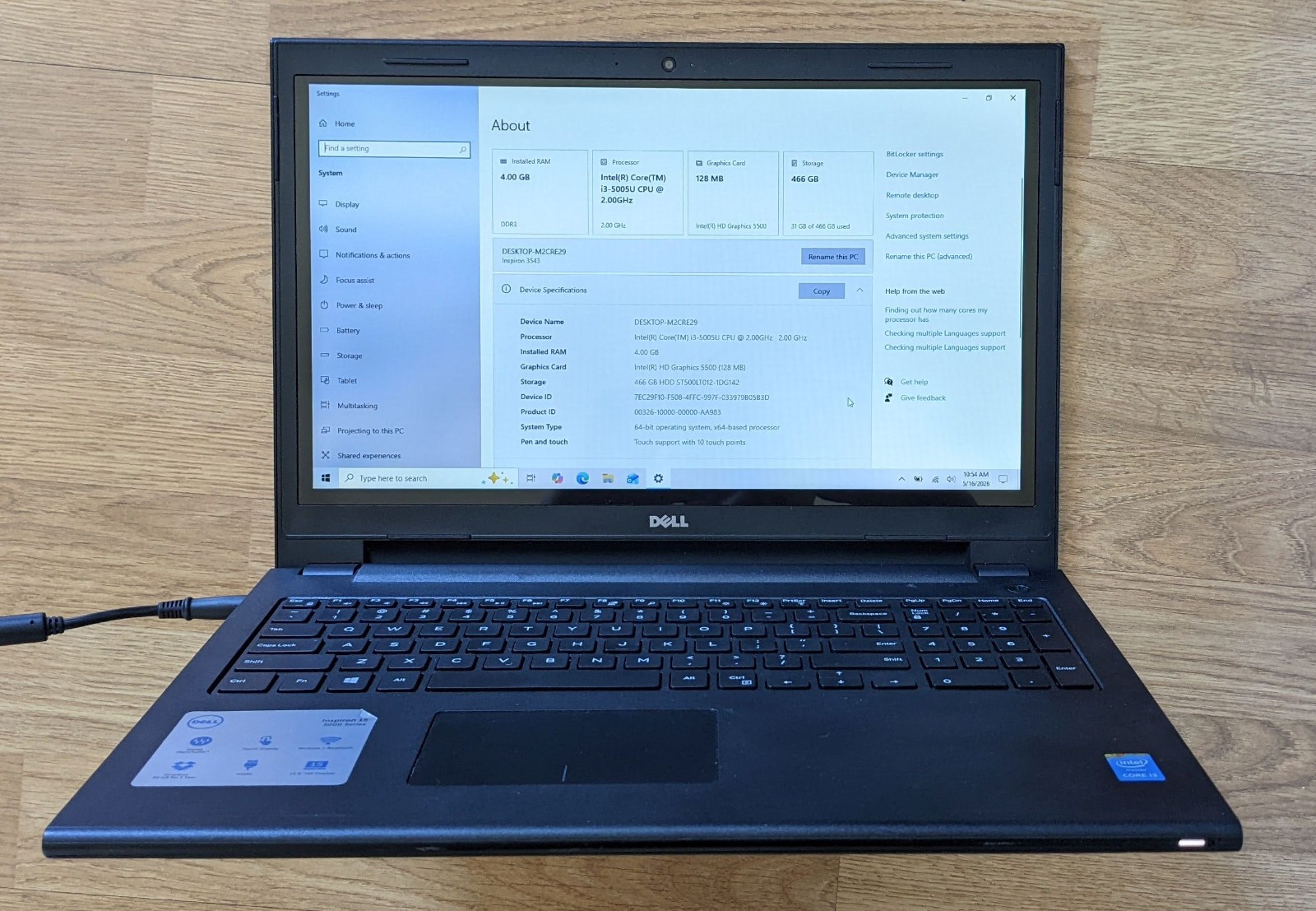 Dell Inspiron 15 3543 Laptop i3-5005U 4GB RAM 500GB HDD Win10 w/ power adapter
