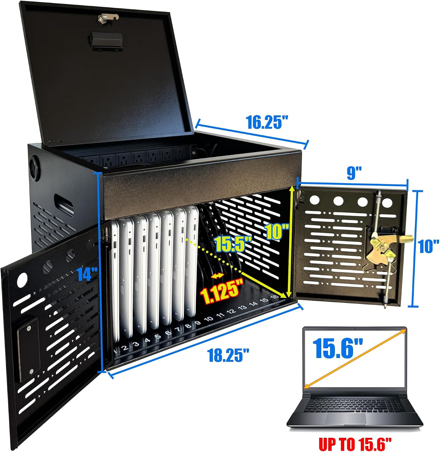 16-Device Lockable Charging Cabinet for Laptops & Tablets, Secure Storage, Black
