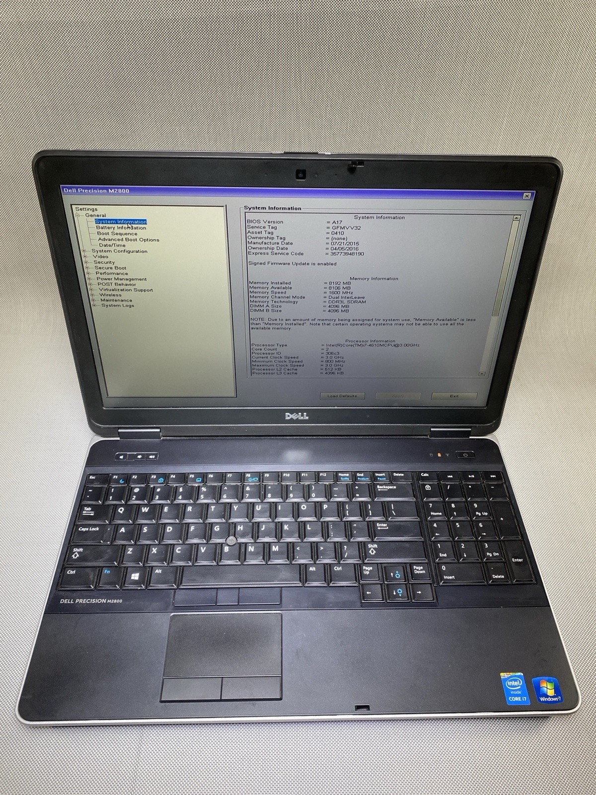 Dell Precision M2800 Intel i7-4610M 8GB RAM – AMD FirePro W4170M- NO HDD/BATT