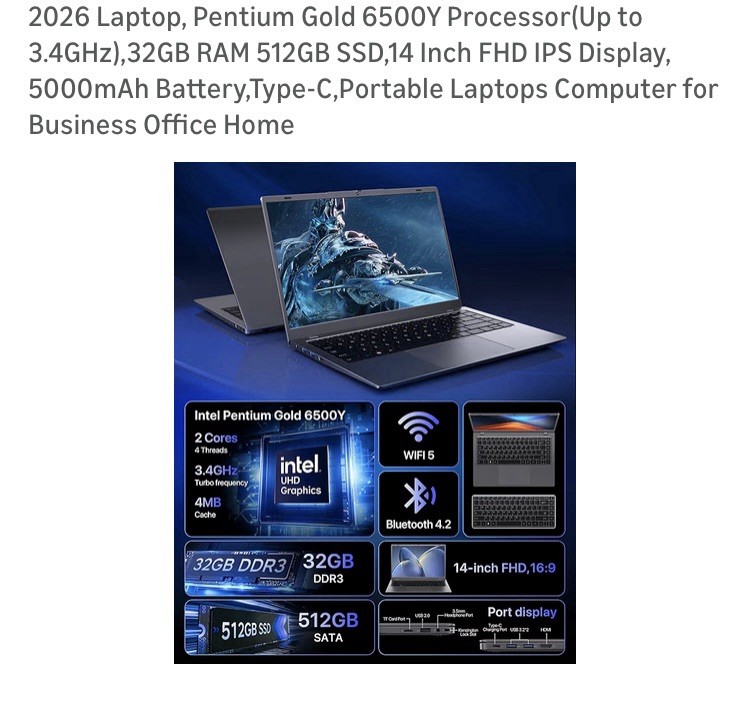 Pentium Gold 6500Y Processor 32GB RAM 512GB SSD,14 Inch FHD IPS Display