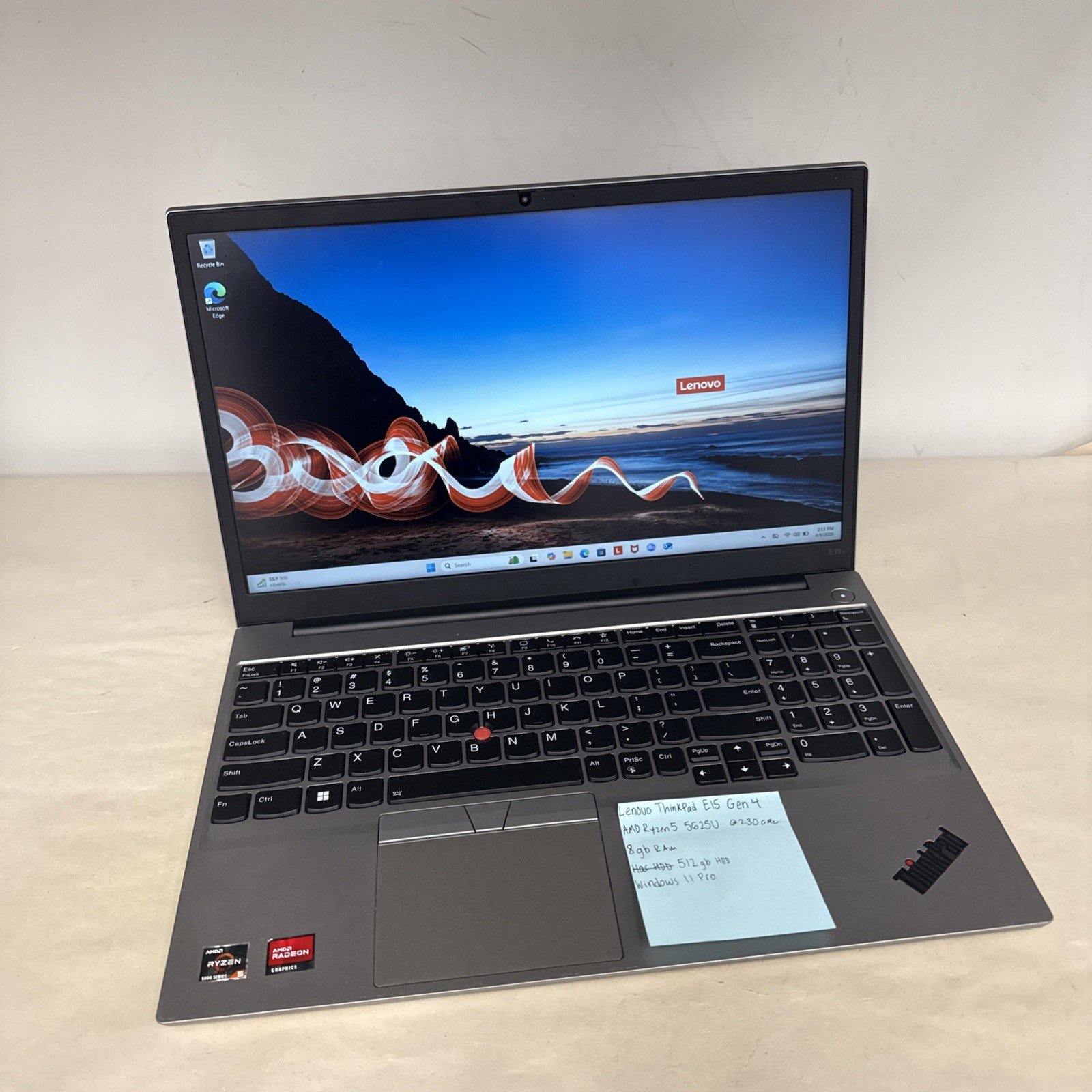15.6″ Lenovo ThinkPad Laptop PC: AMD Ryzen 5 5625U 8GB RAM, 512GB NVME SSD