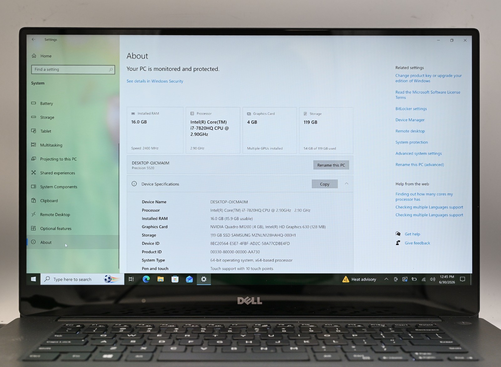 Dell Precision 5520 i7-7820HQ 2.9GHz 16GB RAM 128GB SSD Windows 10 Pro