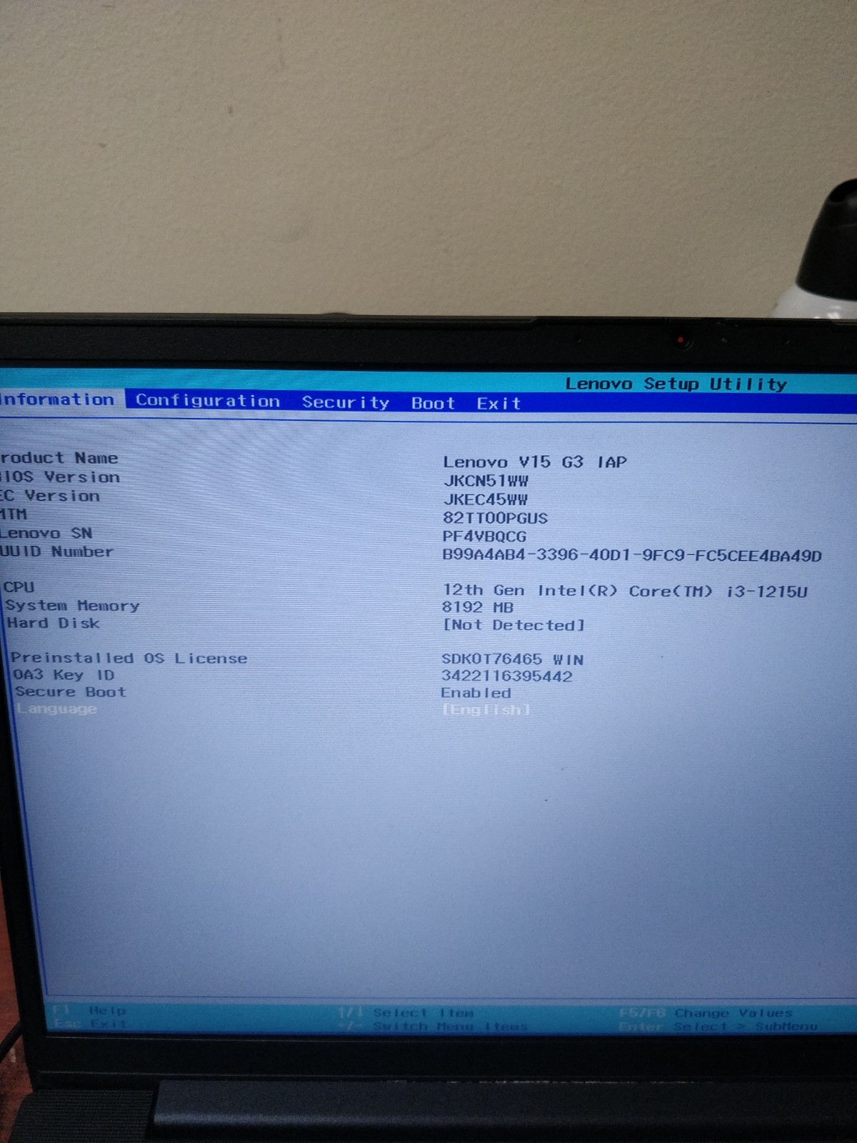 Lenovo V15 G3 IAP INTEL CORE I3-1215U@2.80GHz 8GB RAM NO DRIVE PARTS 8764