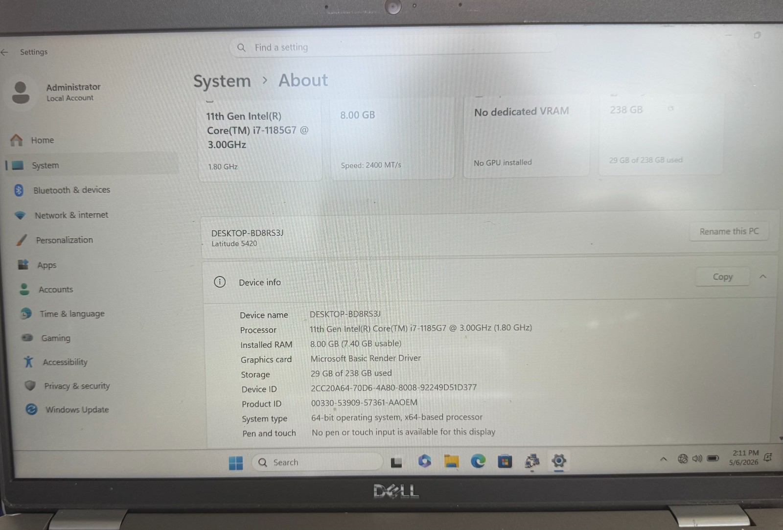 Dell Latitude 5420 i5-1185G7 8GB 256GB SSD Win 11 Pro Bat 32% Fair