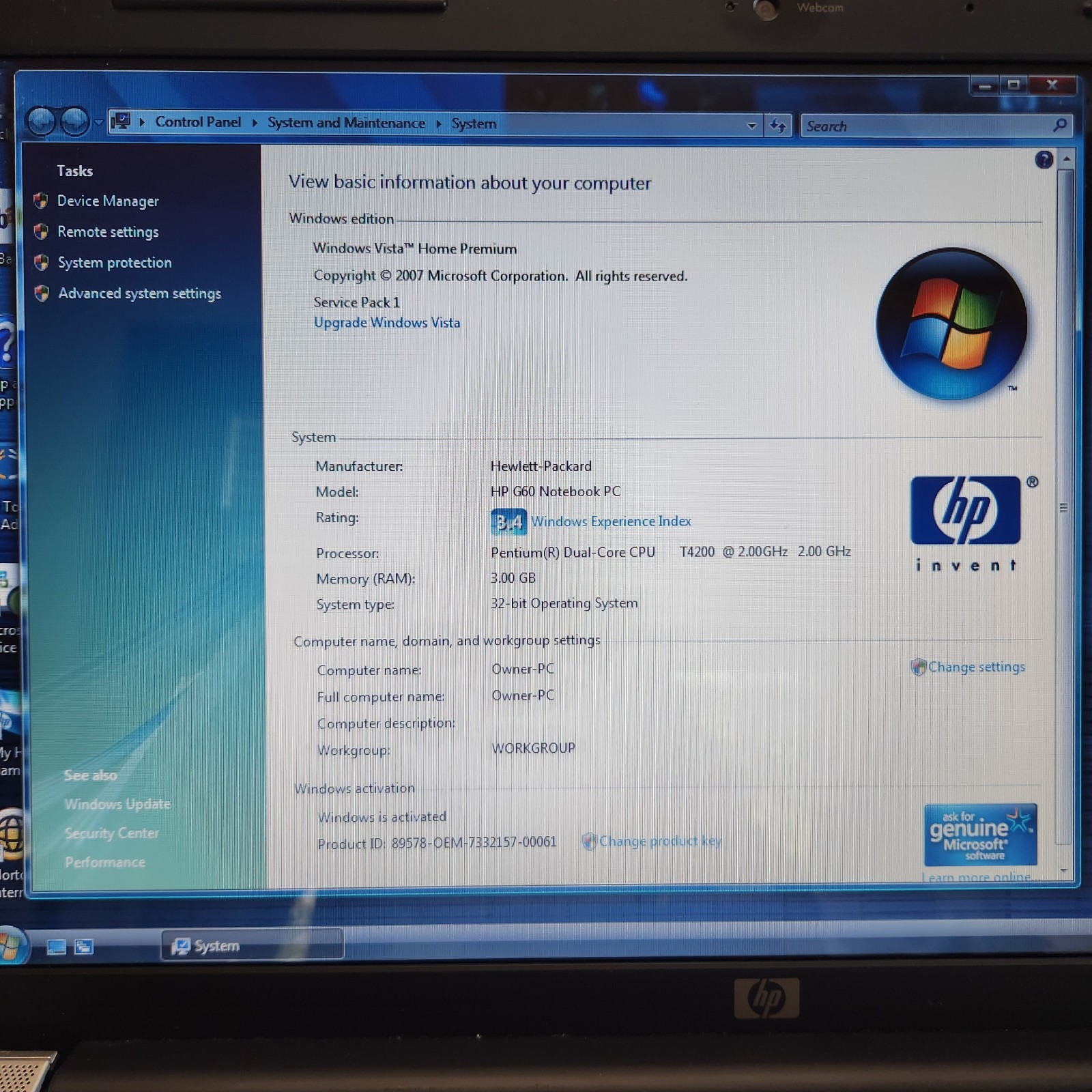 HP G60-230US 16″ Laptop Pentium Dual-Core T4200 2.0GHz 3GB RAM 320GB Vista