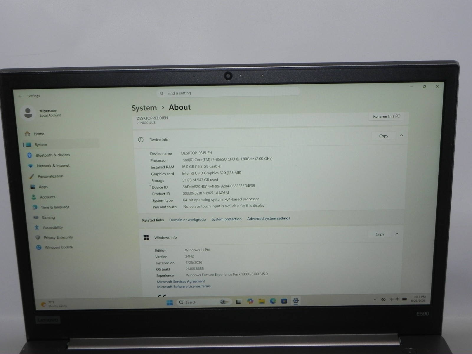 Lenovo ThinkPad E590 15.6″ Windows 11 Intel i7-8565 1.8GHz 16GB RAM 1TB 2X500SSD