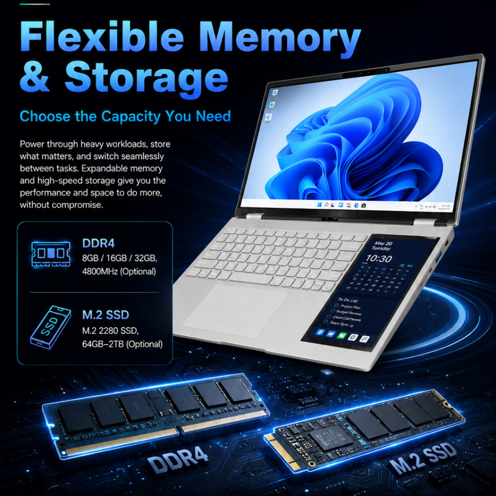 15.6″+7″Dual‑Screen Laptop Intel N150 16GB DDR4 Backlit Keyboard Face ID 5000mAh