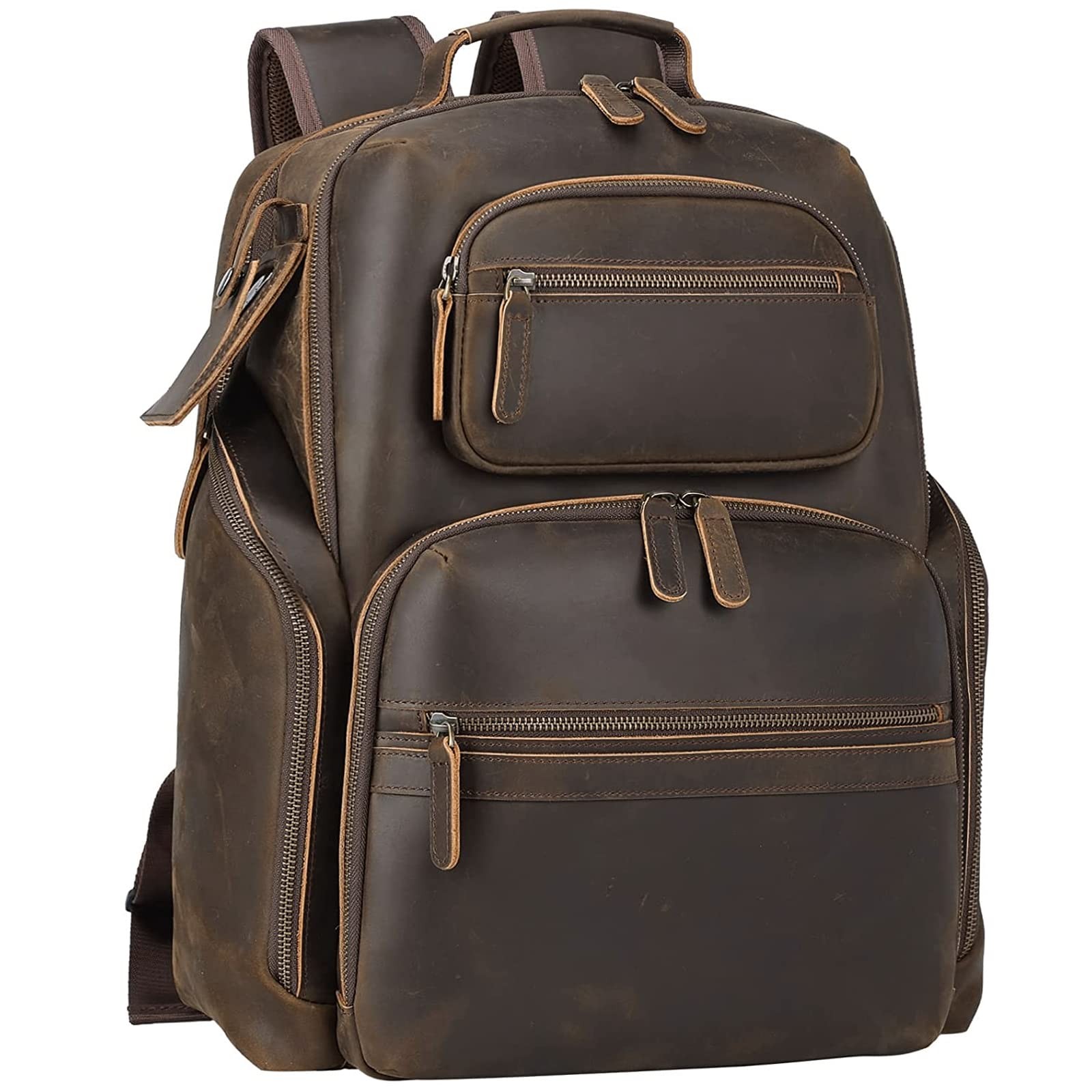 TIDING Men’s Vintage Leather 15.6″ Laptop Backpack Multi-Pocket Travel Rucksack