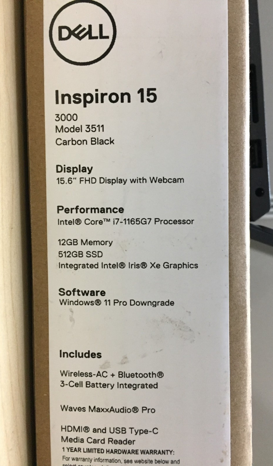 Dell Inspiron 15 15.6” 3511 Laptop/Intel i7-1165G7/12GB RAM/512GB SSD/Win11 Pro