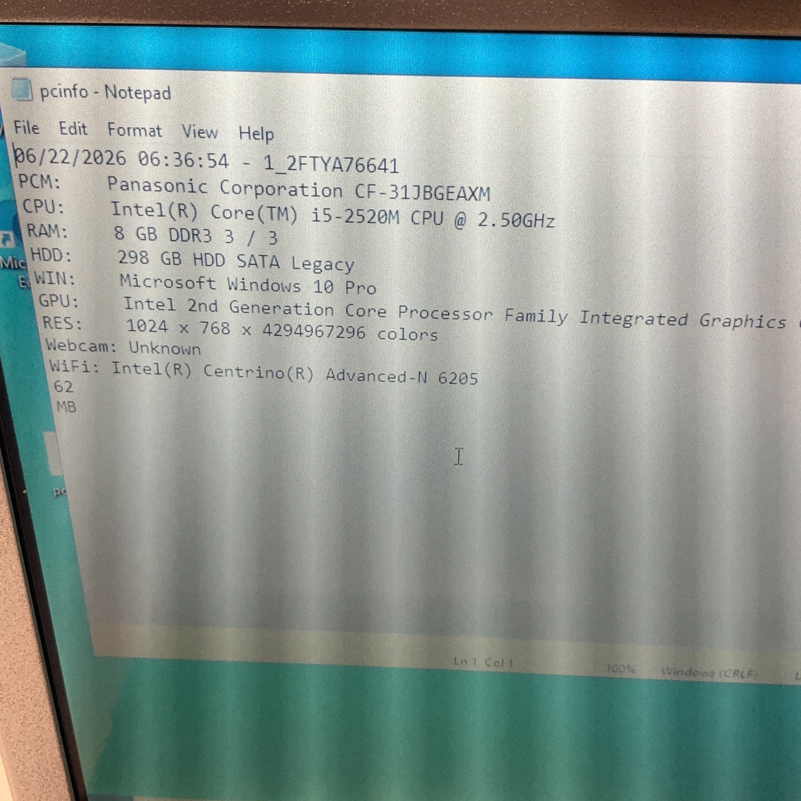Panasonic Toughbook CF-31 MK2 Laptop Intel Core i5-2520M 8GB 320GB HDD Win 10
