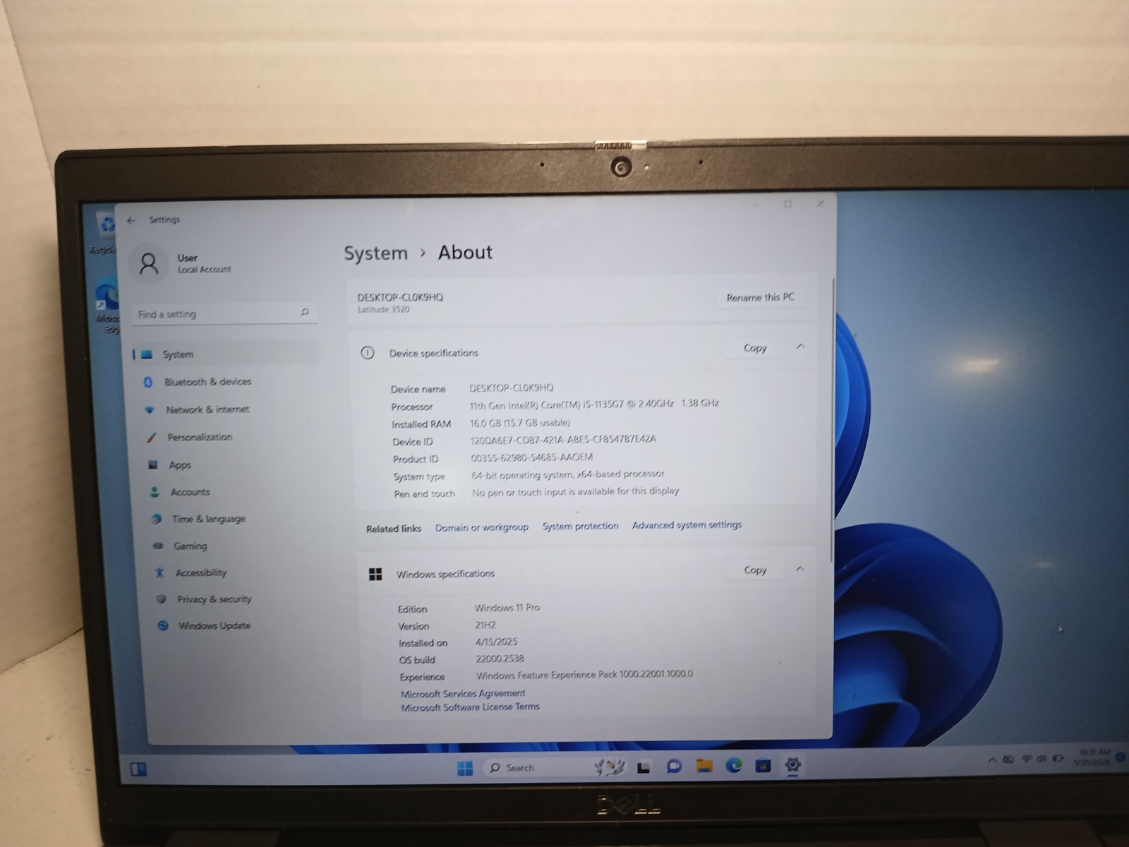 Dell Latitude 3520 15.6″ Laptop i5-1135G7 2.4GHz 8GB RAM 256GB SSD Win11 #97