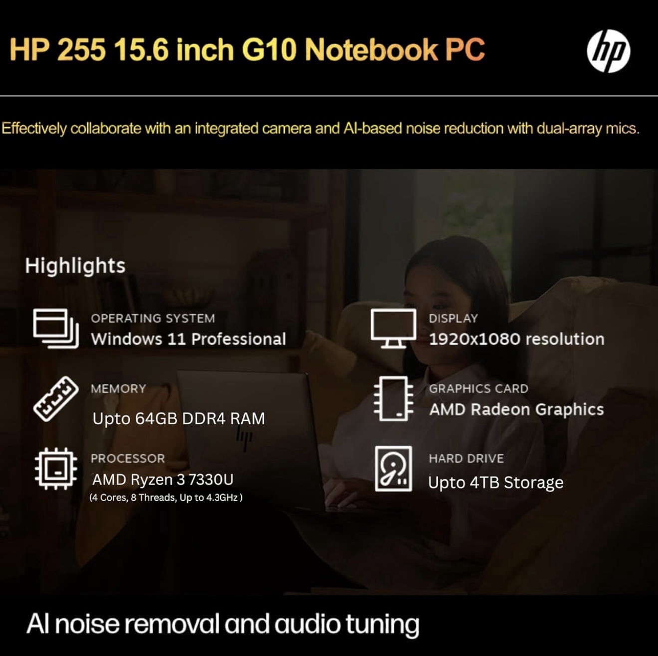 HP 255 G10 Laptop 16GB RAM 1TB SSD 15.6” Full HD Ryzen 3 7330U Windows Pro 11