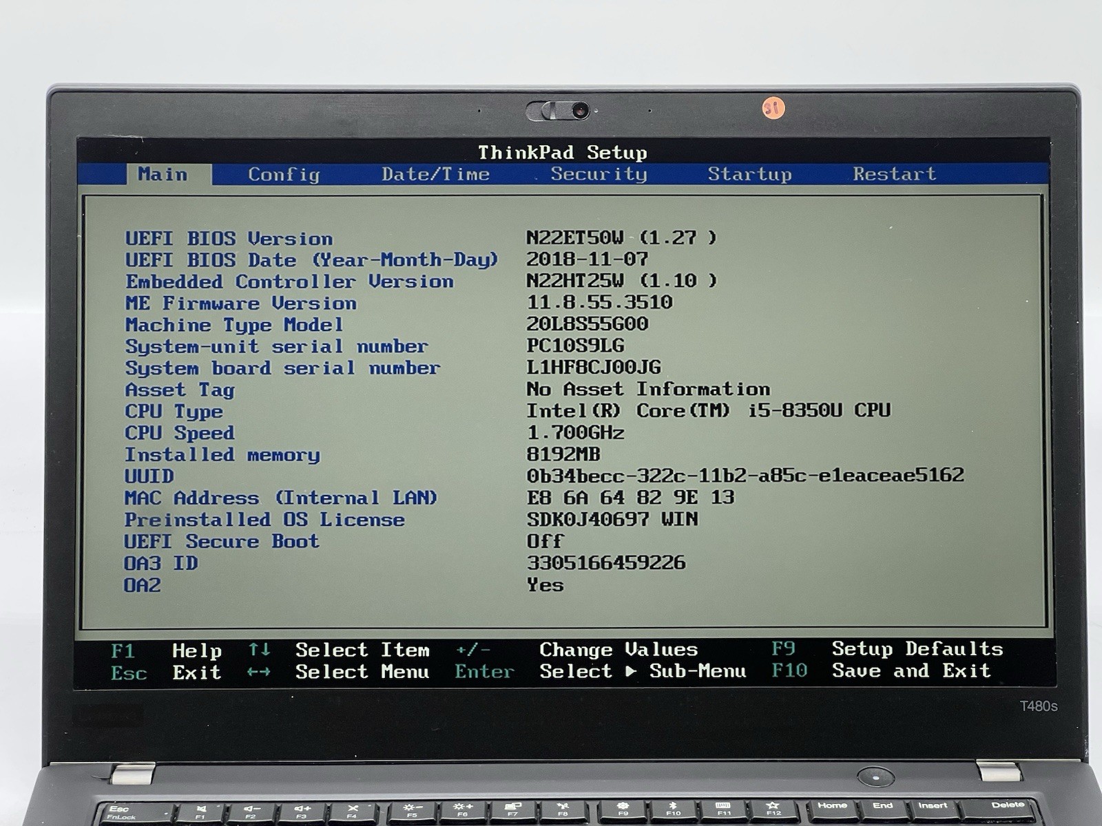 Lenovo ThinkPad T480s, i5-8350U CPU, @ 1.70GHz, 8GB RAM-No HDD/OS/Charger