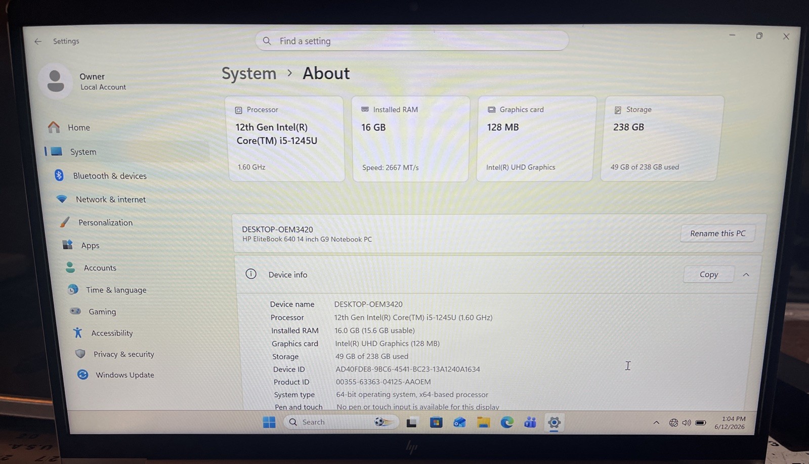 HP EliteBook 640 G9 14″ i5-1245U@1.6GHz, 16GB RAM, 256GB M2, Win 11 Pro *READ*