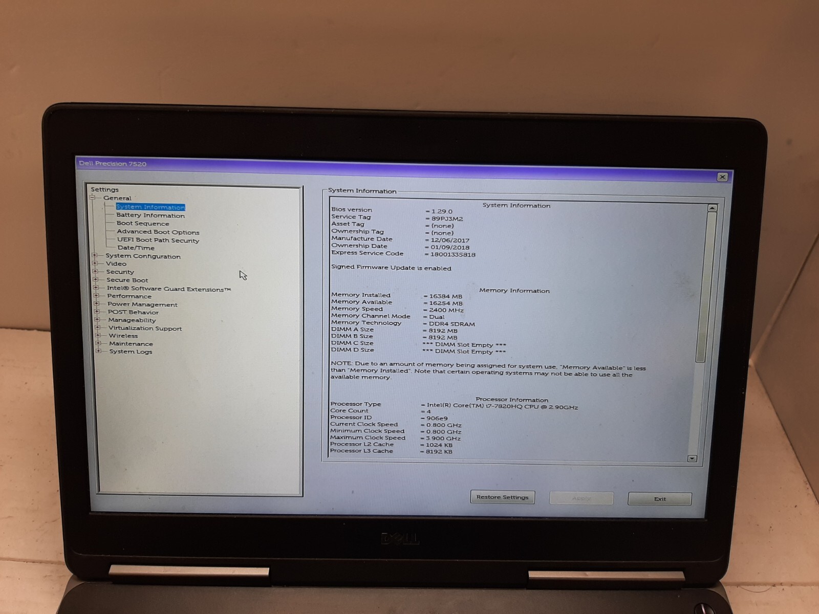 Dell Precision 7520 15.6″ i7-7820HQ 16GB RAM 256GB SSD NO OS/BATTERY M2200 #97