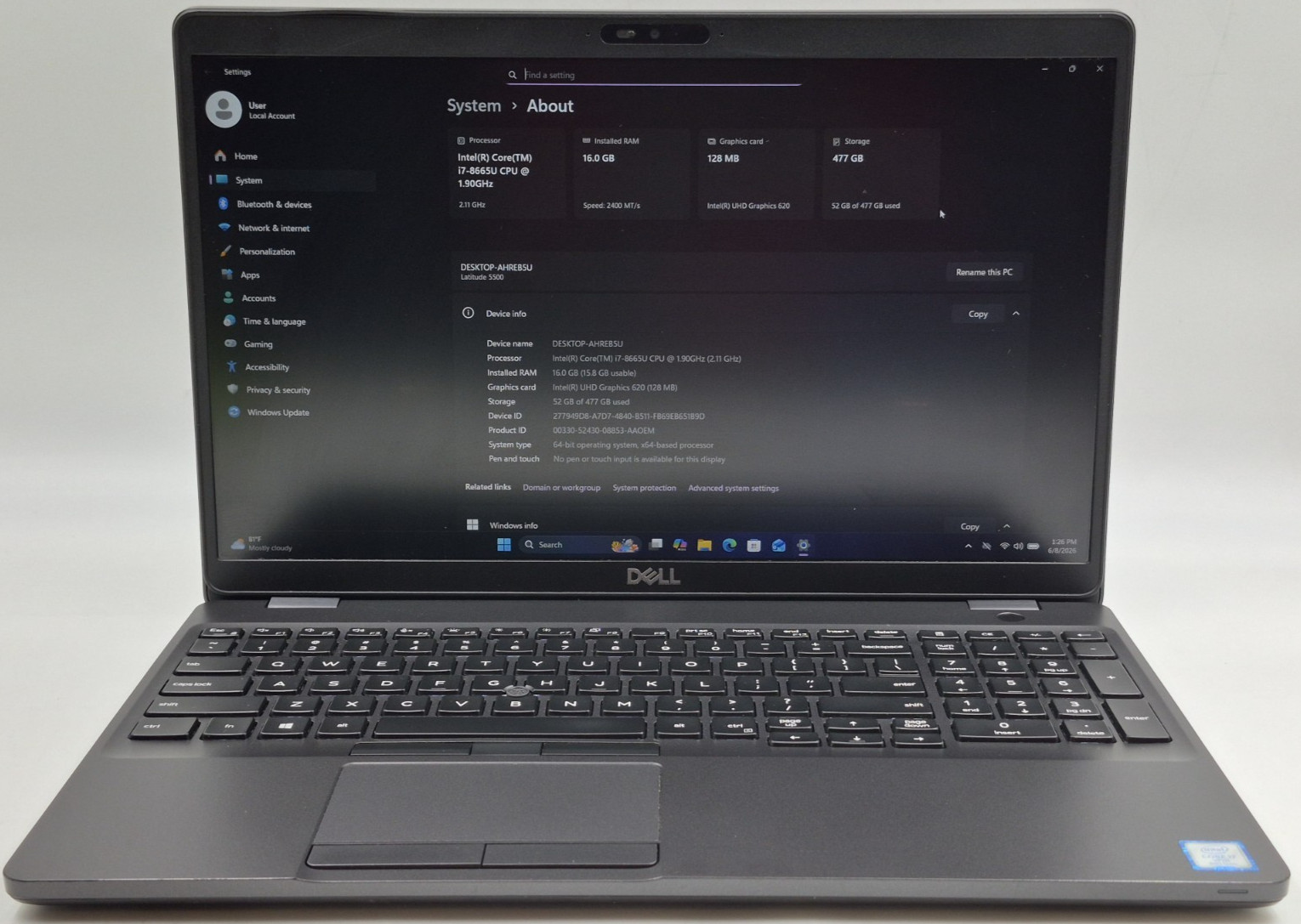 Dell Latitude 5500 Laptop i7-8665U 1.90GHz 16GB RAM 512GB NVMe SSD Win 11 Pro