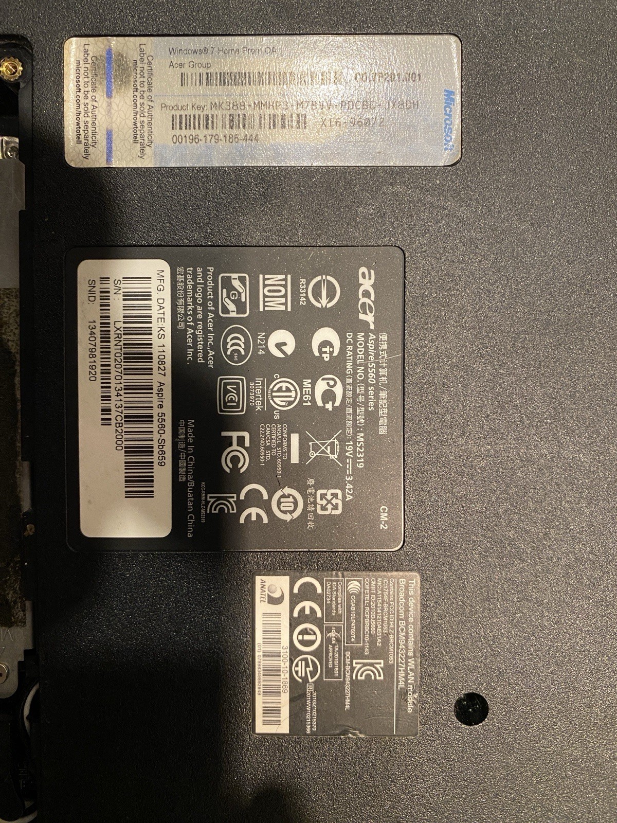 Acer Aspire 5560 – MS2319 Windows 7 Home Pro