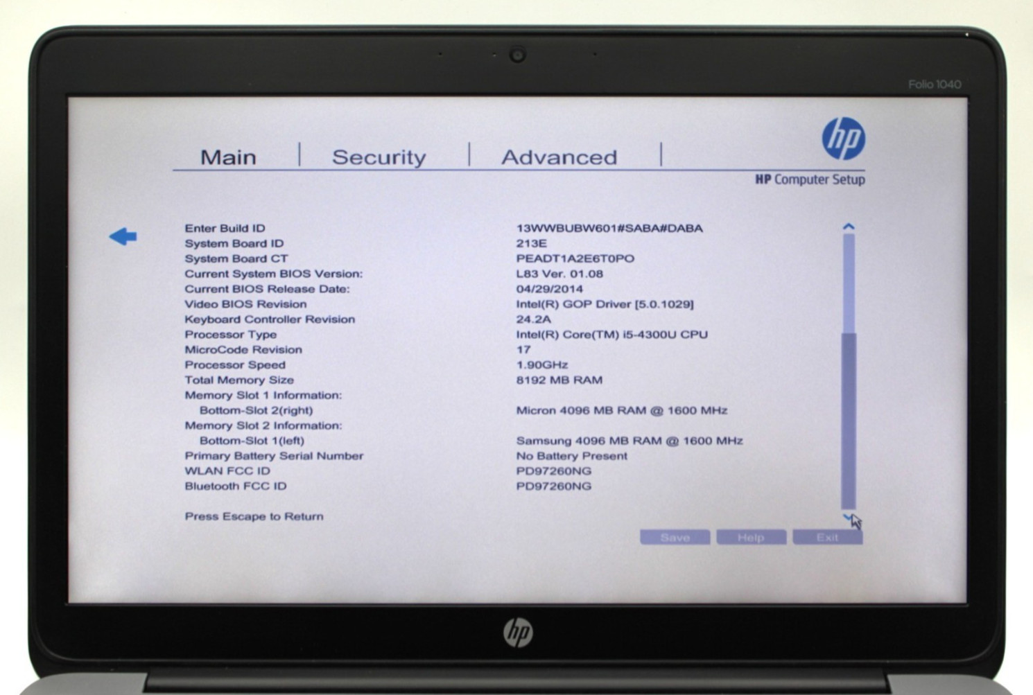 HP Elitebook Folio 1040 G1 i5-4310U@1.6GHz 8GB DDR4 NO STORAGE/OS *USED/TESTED*