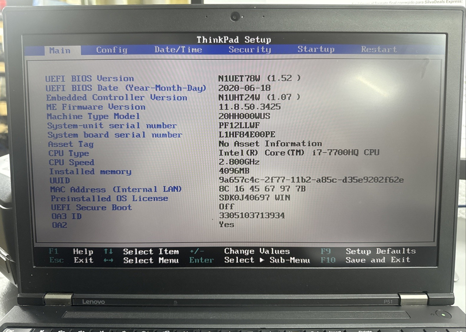 Lenovo ThinkPad P51 15.5″ i7-7700HQ NO RAM NO SSD Quadro M1200