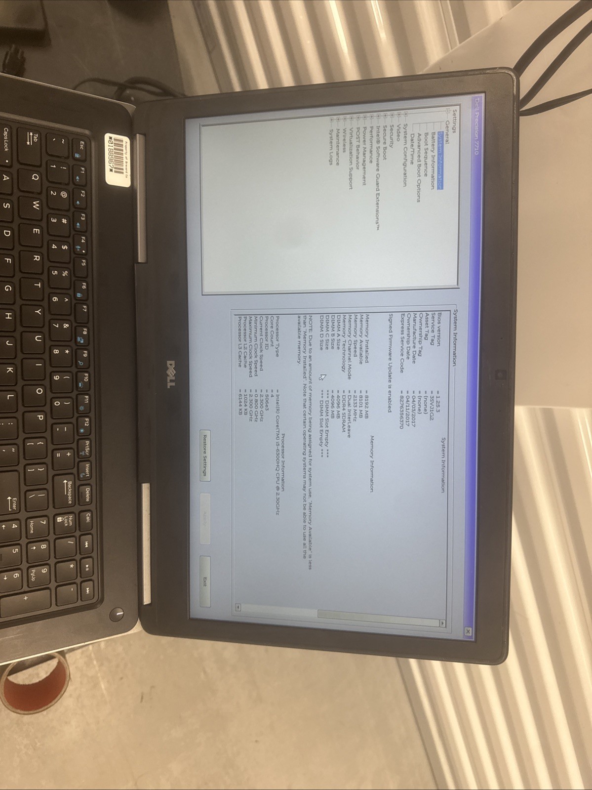 Dell Precision 7710 17″ i5-6300HQ 2.3GHz 8GB DDR4 BATTery No HDD COA OS No Cover
