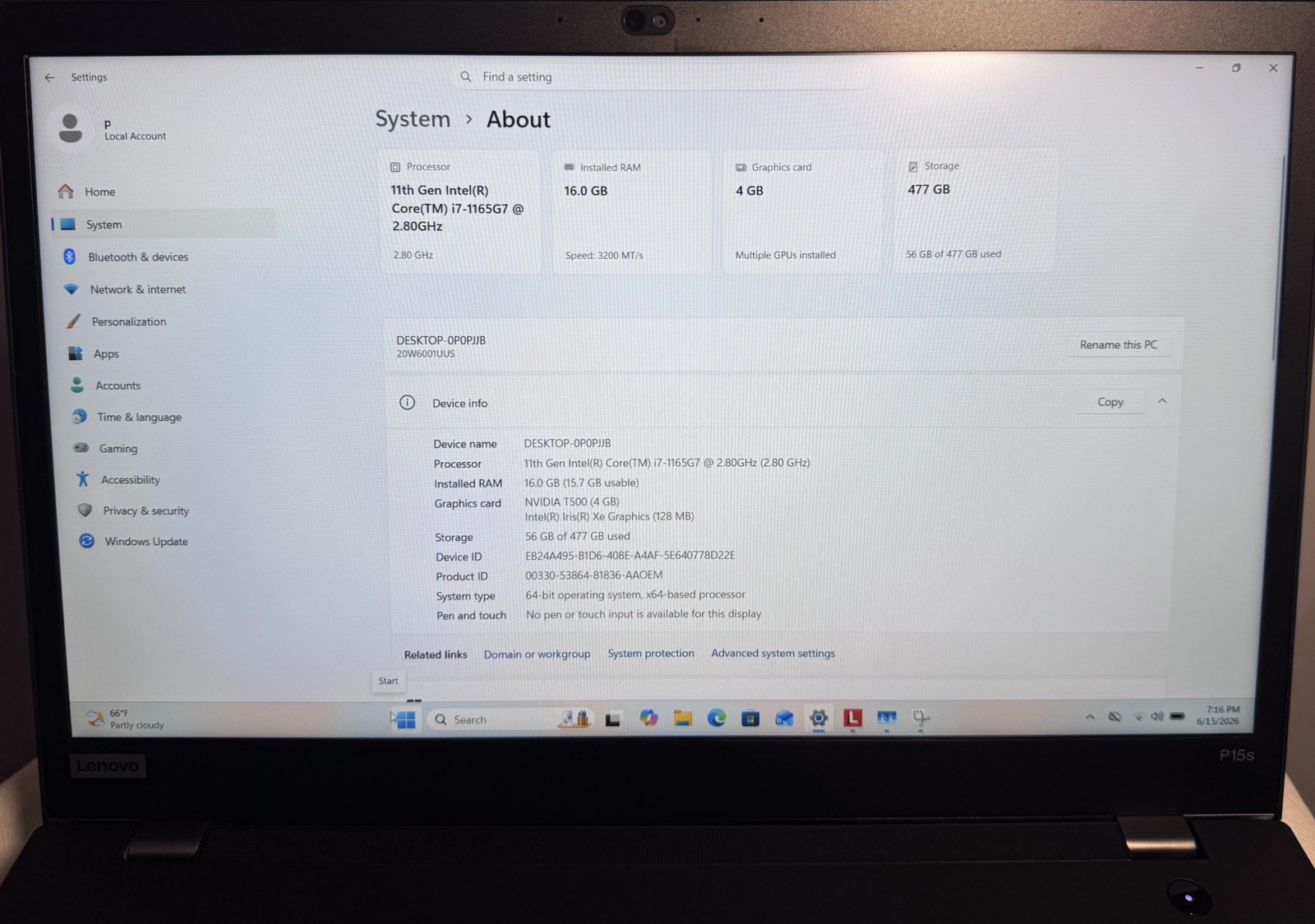 LENOVO ThinkPad P15s Gen2i i7 15.6″ 16GB RAM 512GB SSD WIN11P NVIDIA T500