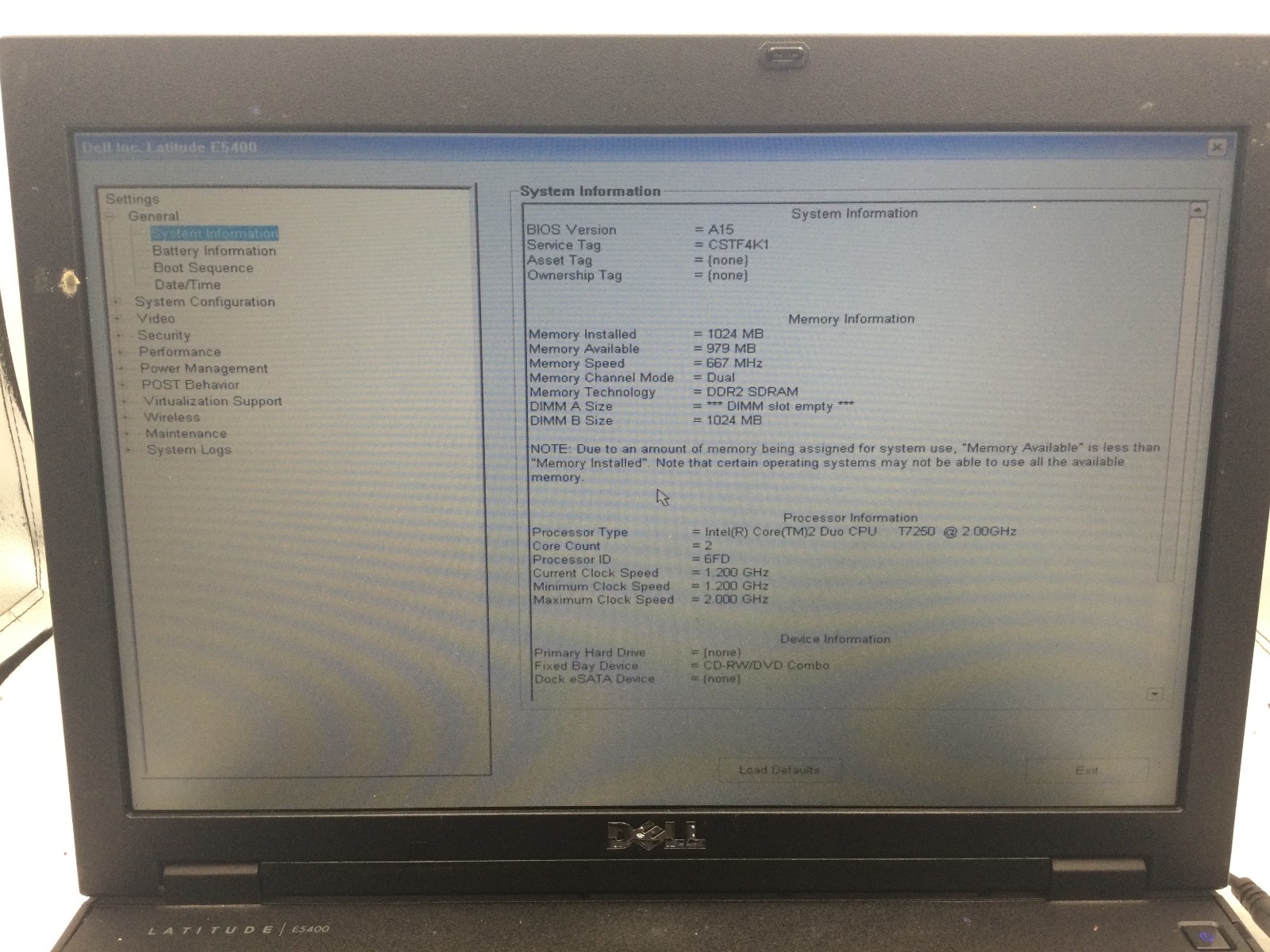 DELL LATITUDE E5400 – BOOTS TO BIOS – INTEL CORE 2 DUO – NO RAM – 14″ – READ-BB