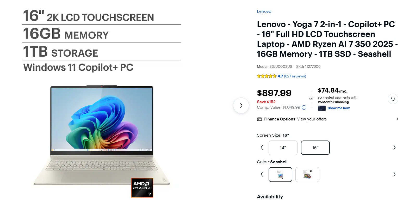 Lenovo Yoga 7 2-in-1 16″ Ryzen AI 7 350 16GB Ram 1TB SSD (READ DESC)