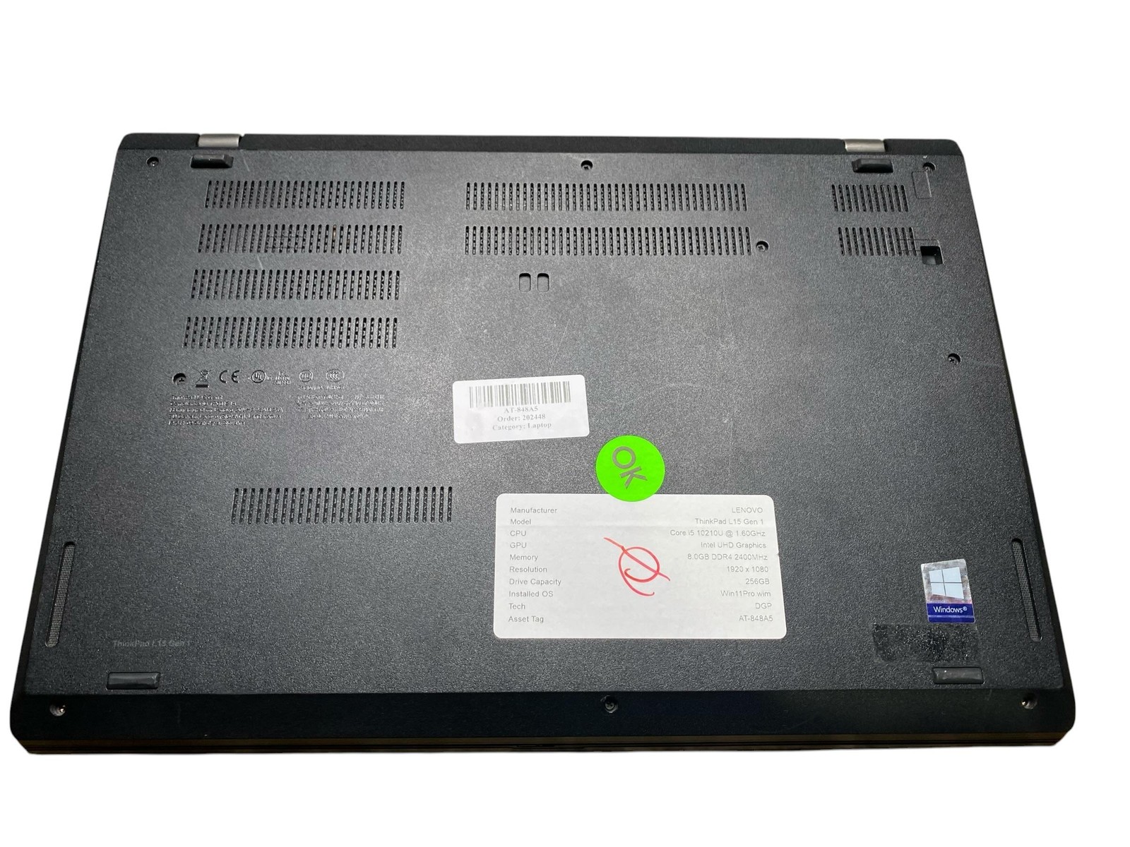 Lenovo ThinkPad L15 Gen 1 Core i5 10210U 8GB Win11Pro 256GB No Btry Grade C