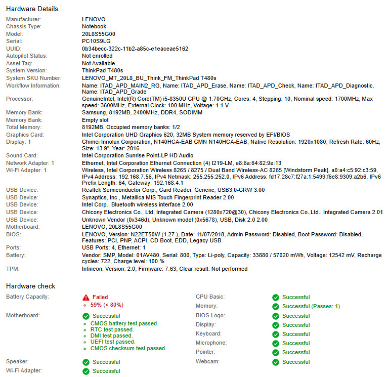 Lenovo ThinkPad T480s, i5-8350U CPU, @ 1.70GHz, 8GB RAM-No HDD/OS/Charger