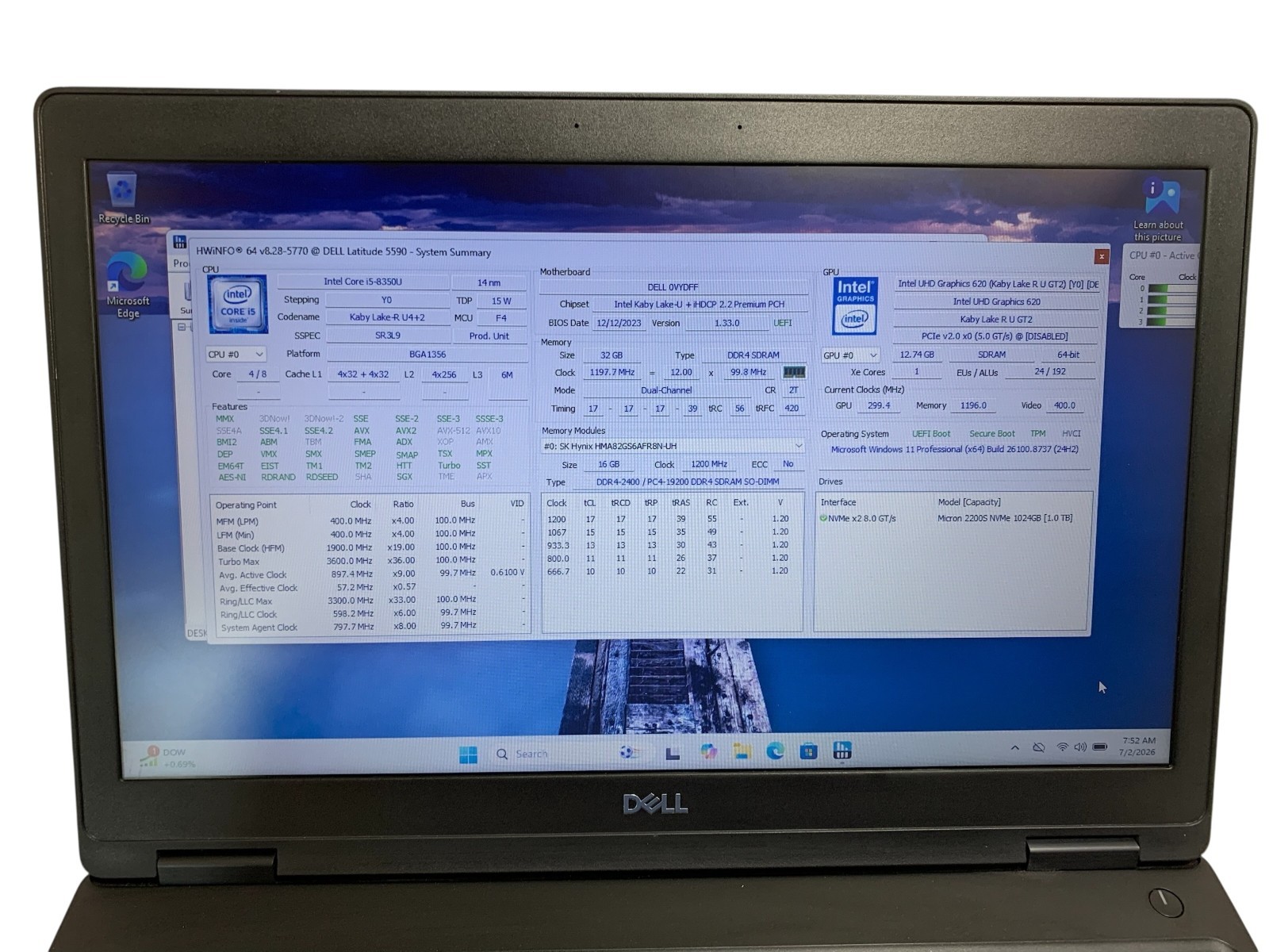 Dell Latitude 5590 15.6″ Laptop – Core i5-8350u 32GB RAM 1TB NVMe SSD Win11P