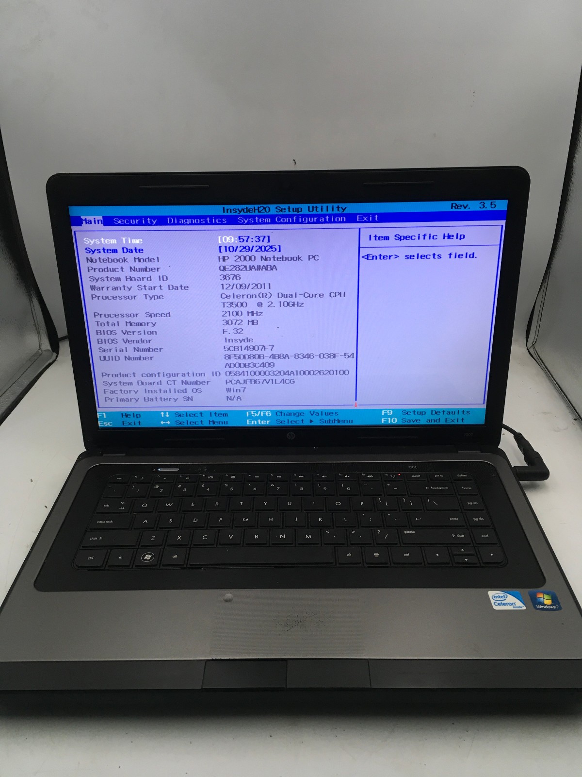 HP 2000 299WM – BOOTS TO BIOS – INTEL CELERON T3500 – 3GB RAM – 15″ – READ – BB!