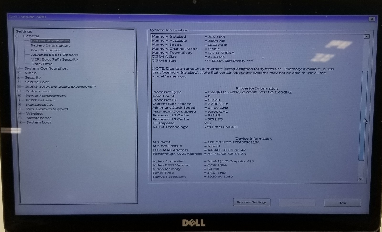Dell Latitude 7480 i5-7300U @ 2.60GHz 8GB 128GB SSD WIN 11 PRO