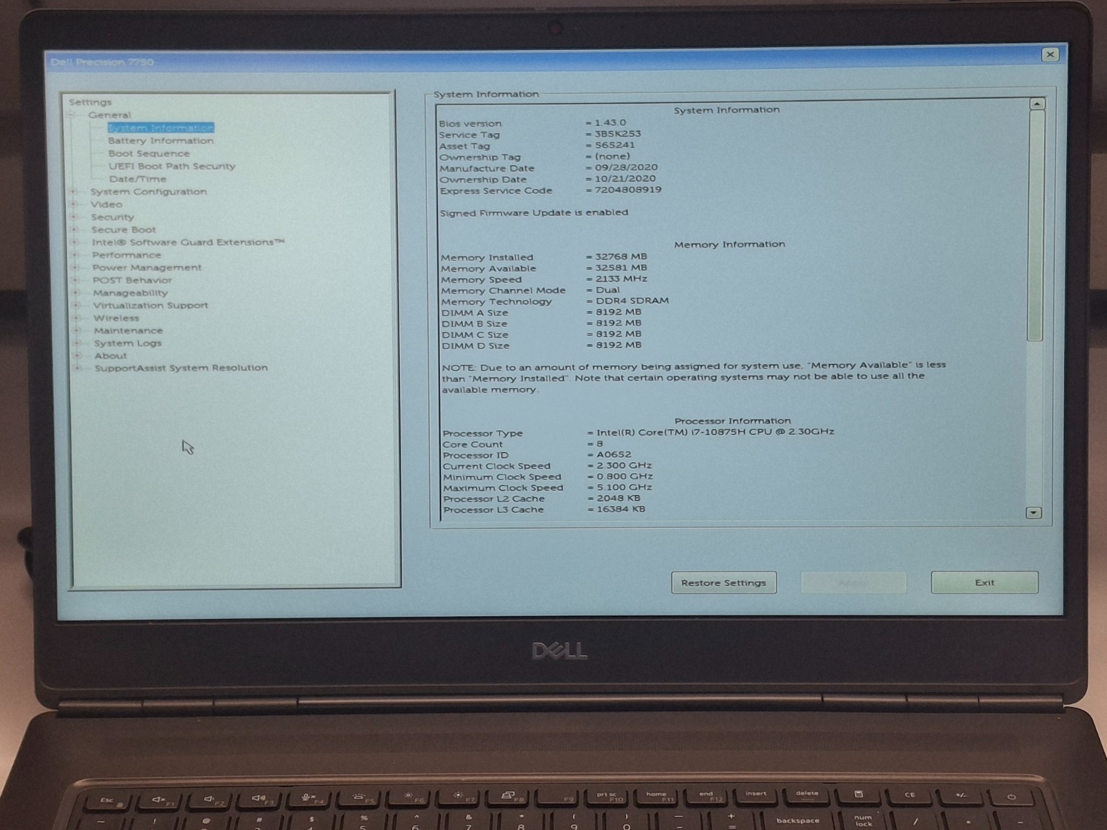 Dell Precision 7750 17.3″FHD I7-10875H 32GB 512GB RTX3000 Webcam Wifi/BT Win 11P