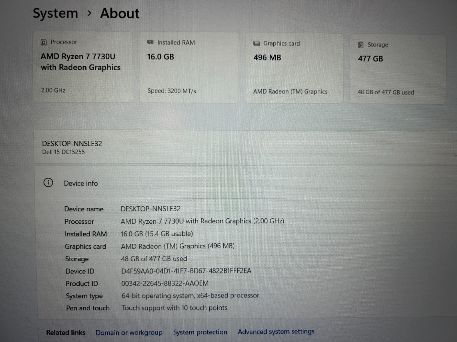 DELL 15 DC15255 G8MK9 AMD Ryzen 7 7730U, 2.00 GHz, 16 GB RAM, 512 GB NVMe SSD