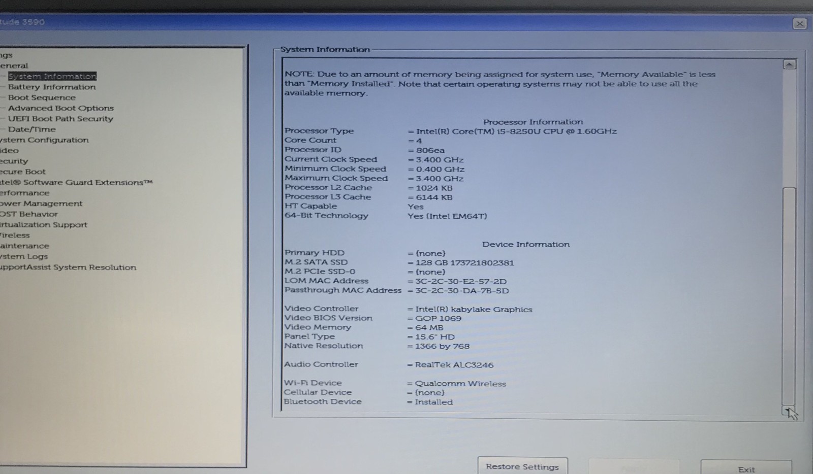 DELL LATITUDE 3590 i5-8250U@1.60GHz 8GB RAM 128GB M.2 SATA SSD W11P *READ