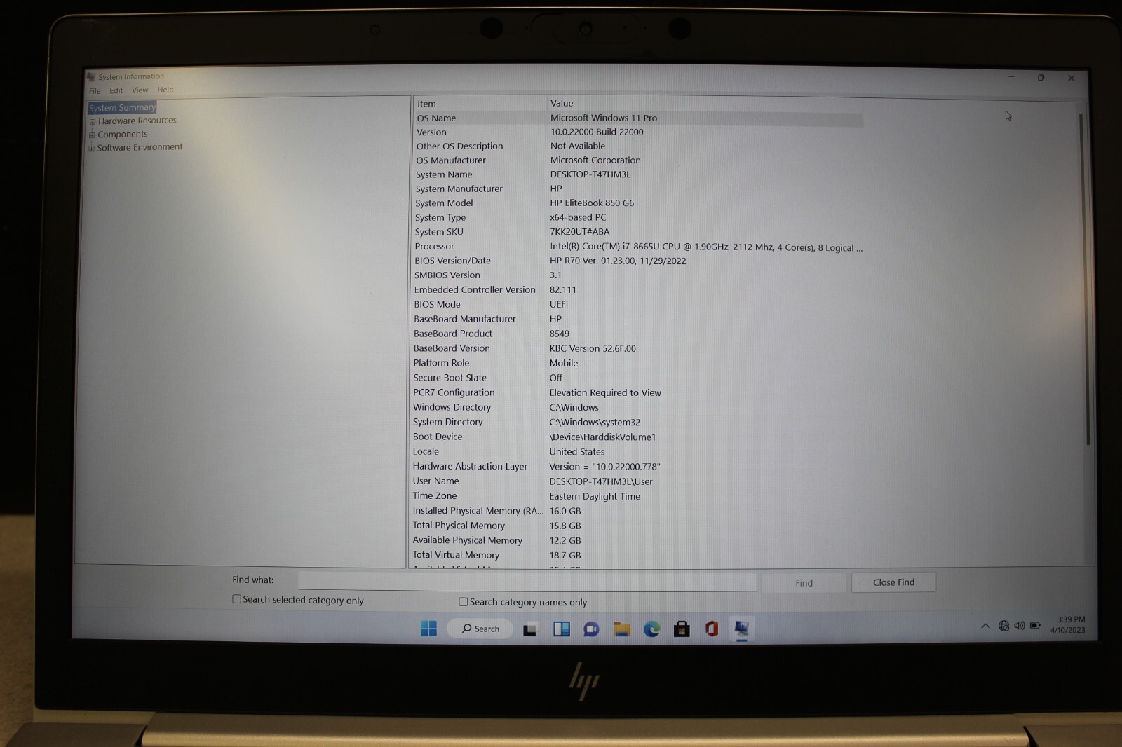 HP Elitebook 850G6 I7-8665U 512SSD NVME 16GB DDR4 Win11Pro