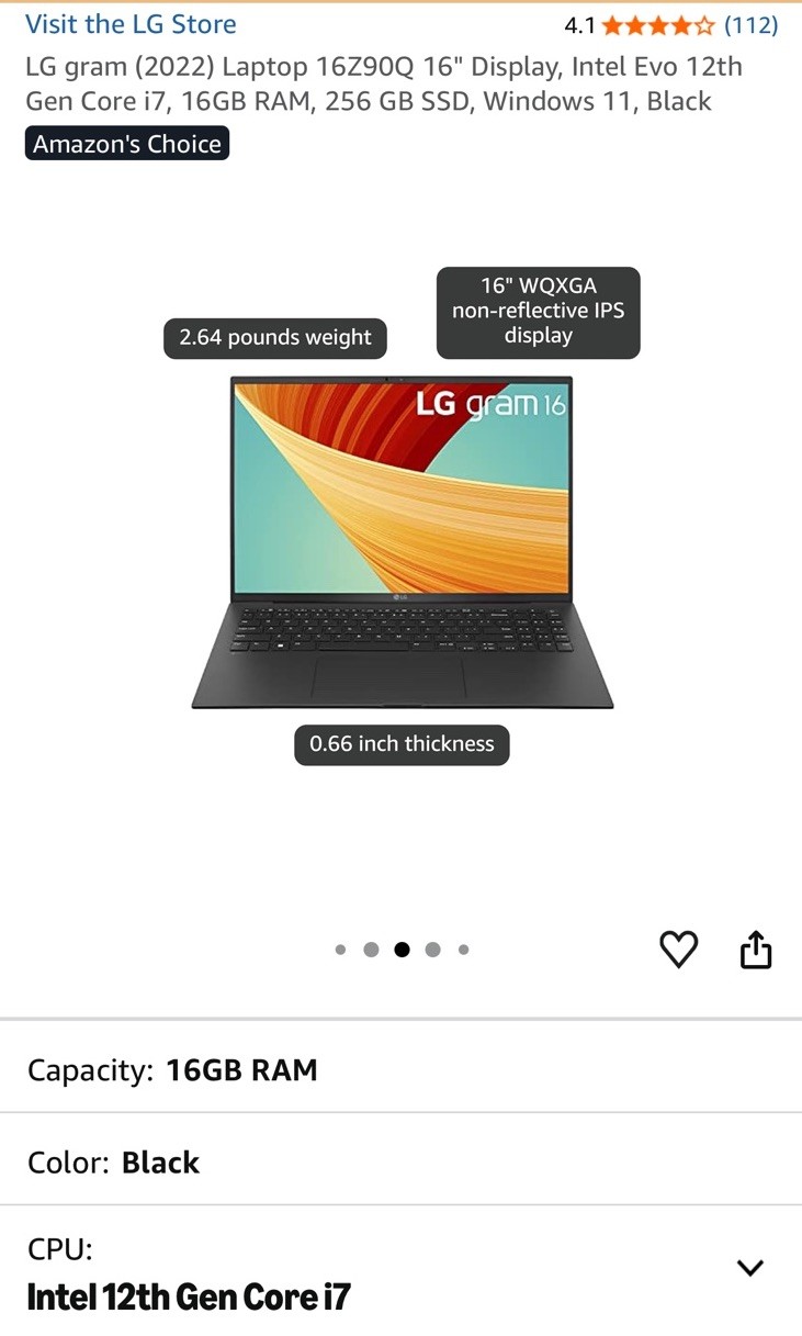 LG gram 16Z90Q (2022) 16in WQXGA Touch i7 12th Gen 16GB 256GB SSD W11 Black