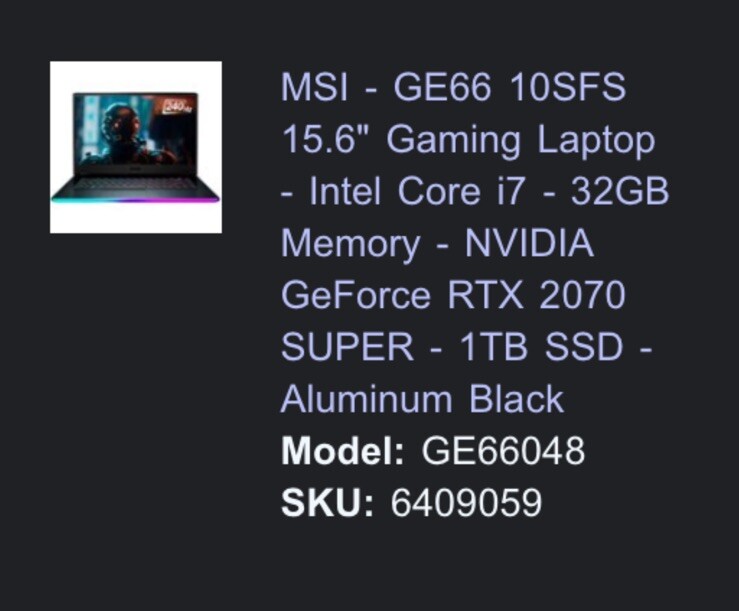 MSI GE66 Raider Gaming Laptop, RTX 2070 SUPER, Intel i7 10th Gen