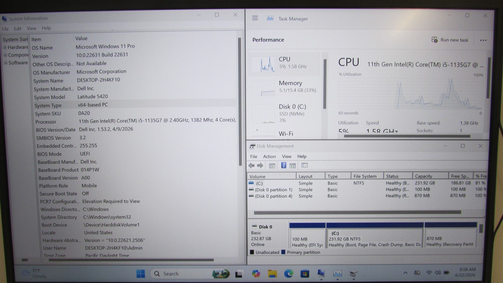 Dell Latitude 5420 i5-1135G7 2.4GHz 16GB RAM 250GB NVME 14″ Win 11 Pro COSM DMG