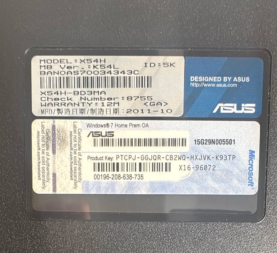 Asus X54H Laptop 15 in Pentium B950 4GB RAM 500GB Windows 7 Licensed Office 2010