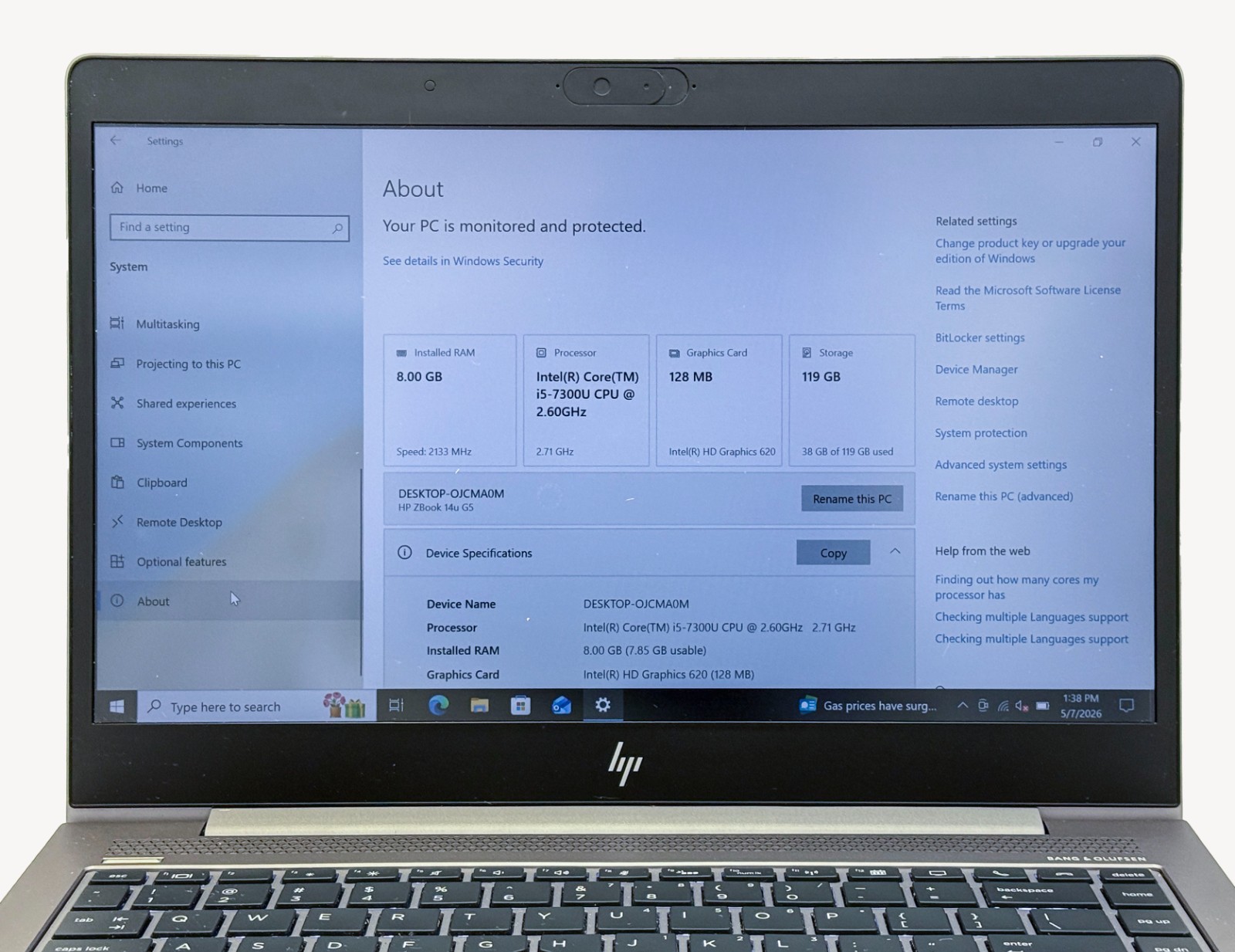 HP ZBook 14u G5 i5-7300u 2.6GHz 8GB RAM 128GB SSD – Windows 10