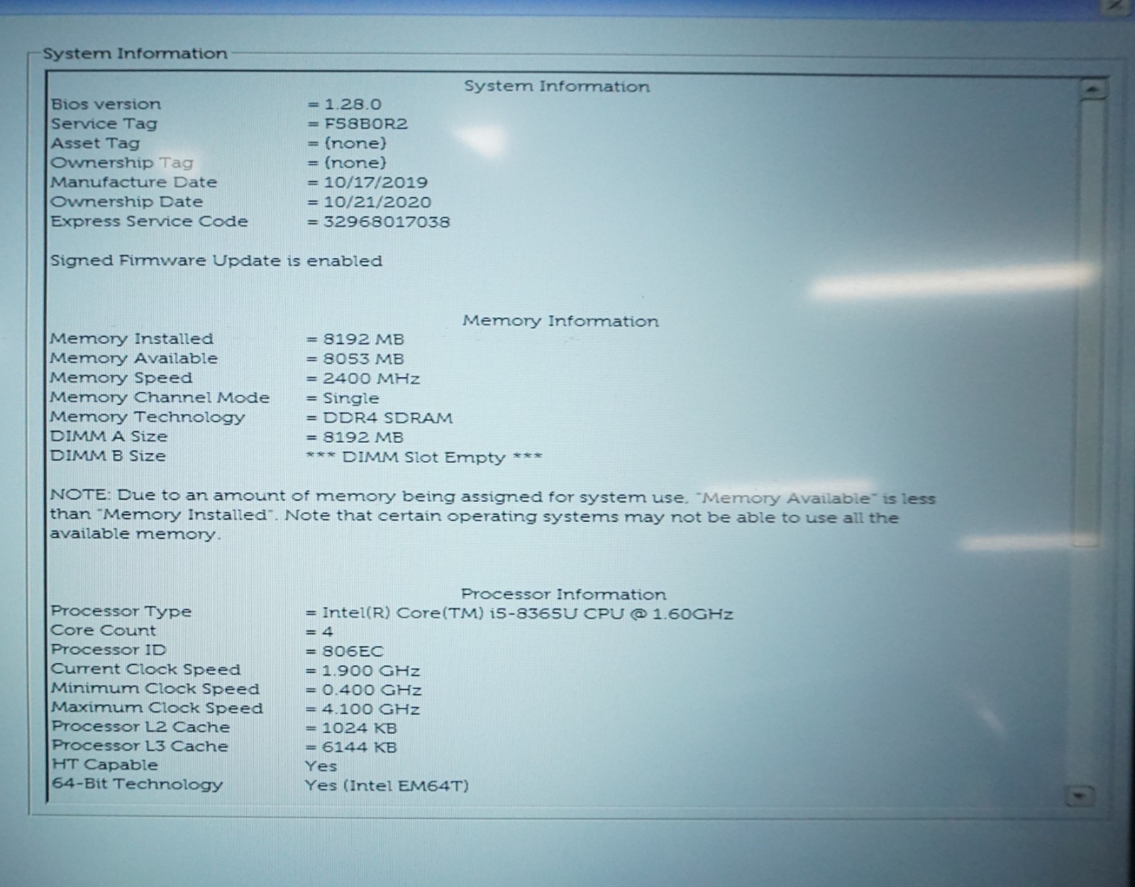 Dell Latitude 5400 Intel i5-8365U @1.60GHz 8GB RAM NO OS/ NO HDD/NO BATTERY