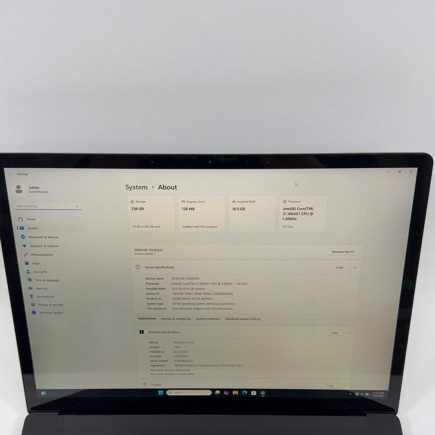 Microsoft Surface Laptop 3 13.5″ i7-1065G7 1.3GHz 16GB RAM 256GB SSD
