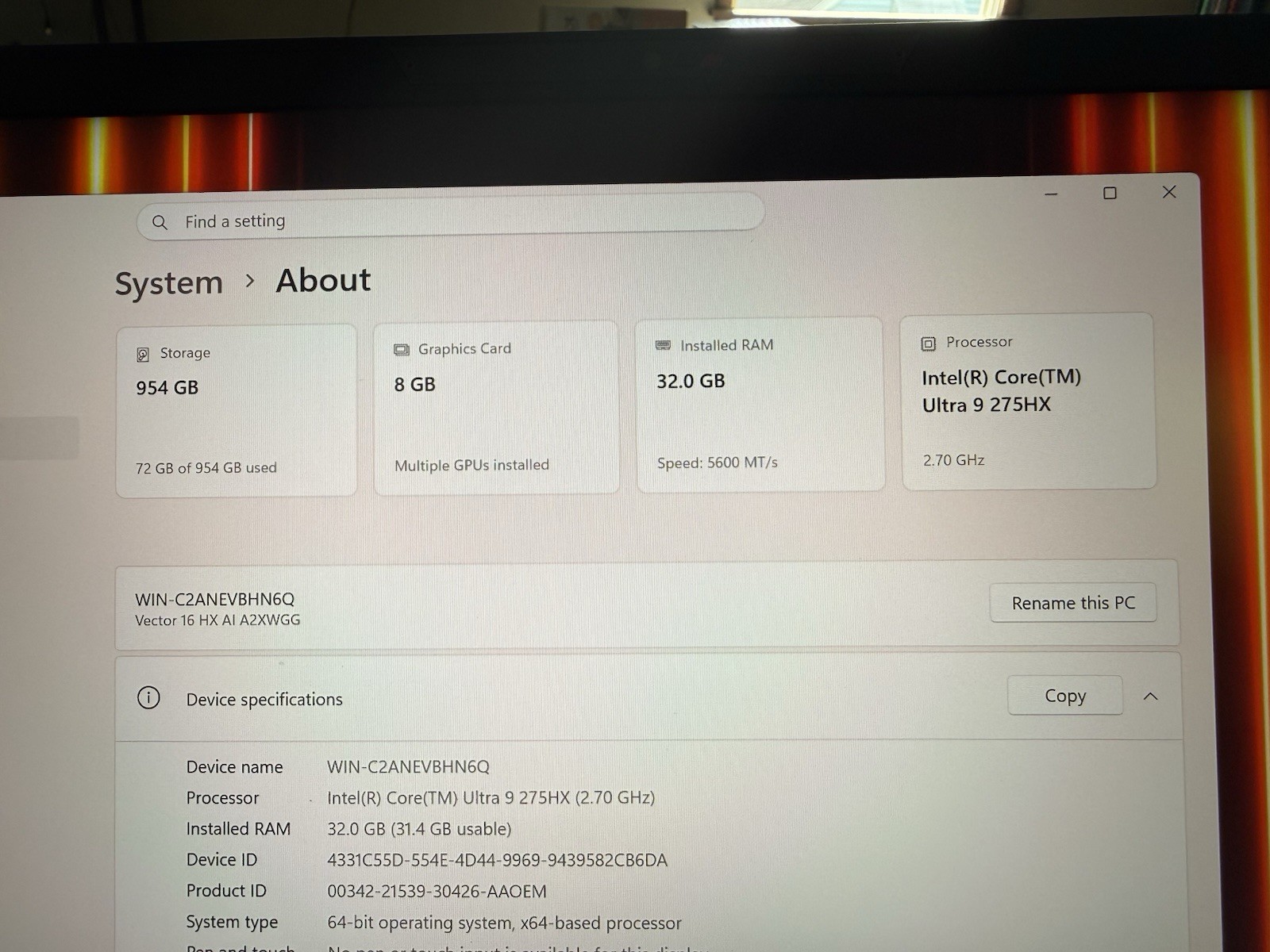 MSI Vector 16 HX AI A2XW 16″ Core Ultra 9 RTX 32GB 954GB SSD Win11