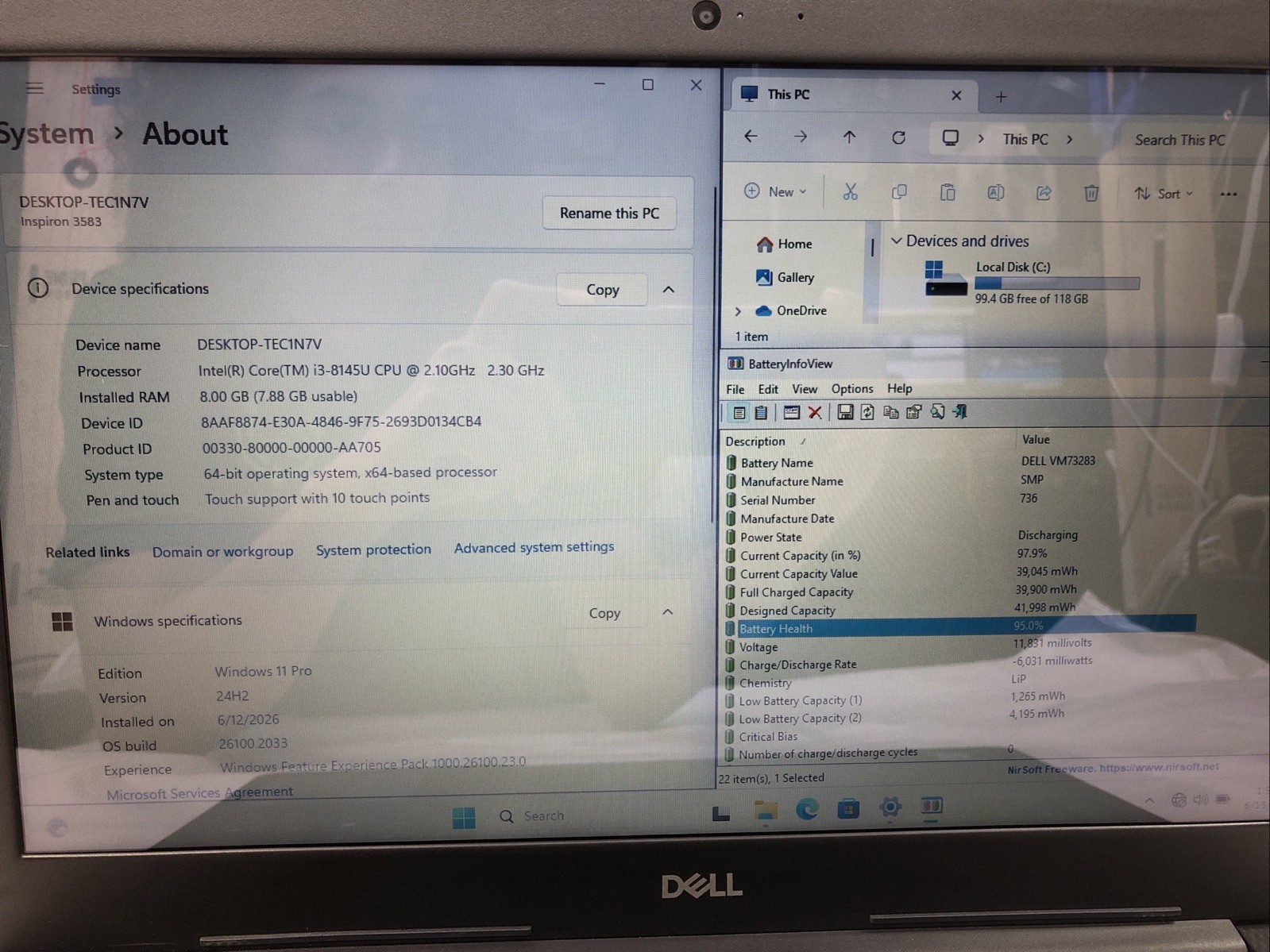 Dell Inspiron 3583, Intel Core i3-8145U @2.10Ghz, 8GB RAM, 128GB SSD, W11, Touch
