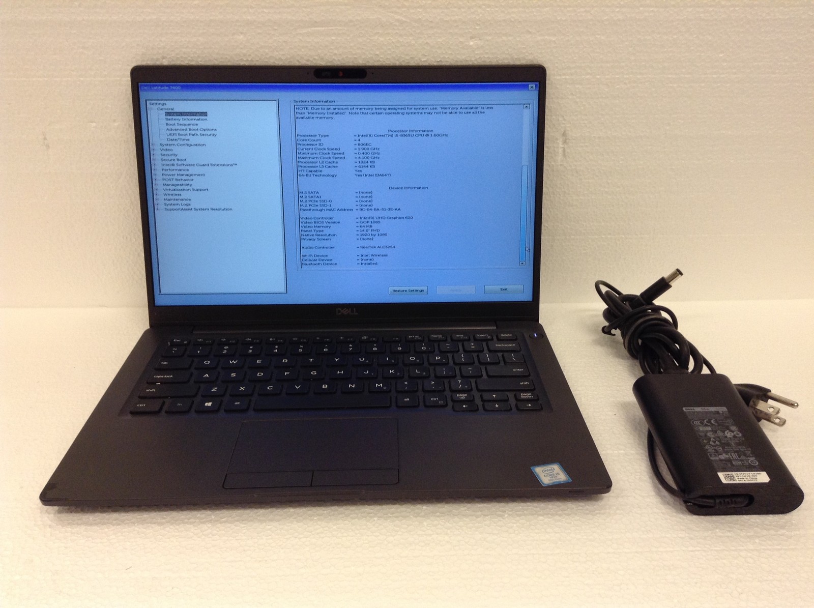 Dell Latitude 7400 14″ FHD Laptop i5-8365U 1.60GHz WiFi AC Adapter, No HD, Ram