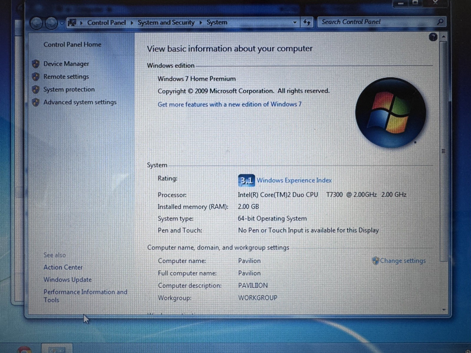 HP Pavilion dv2000 Genuine Intel core 2 Duo 2.00GHz 2GB RAM 140GB HDD Win7 DVDRW